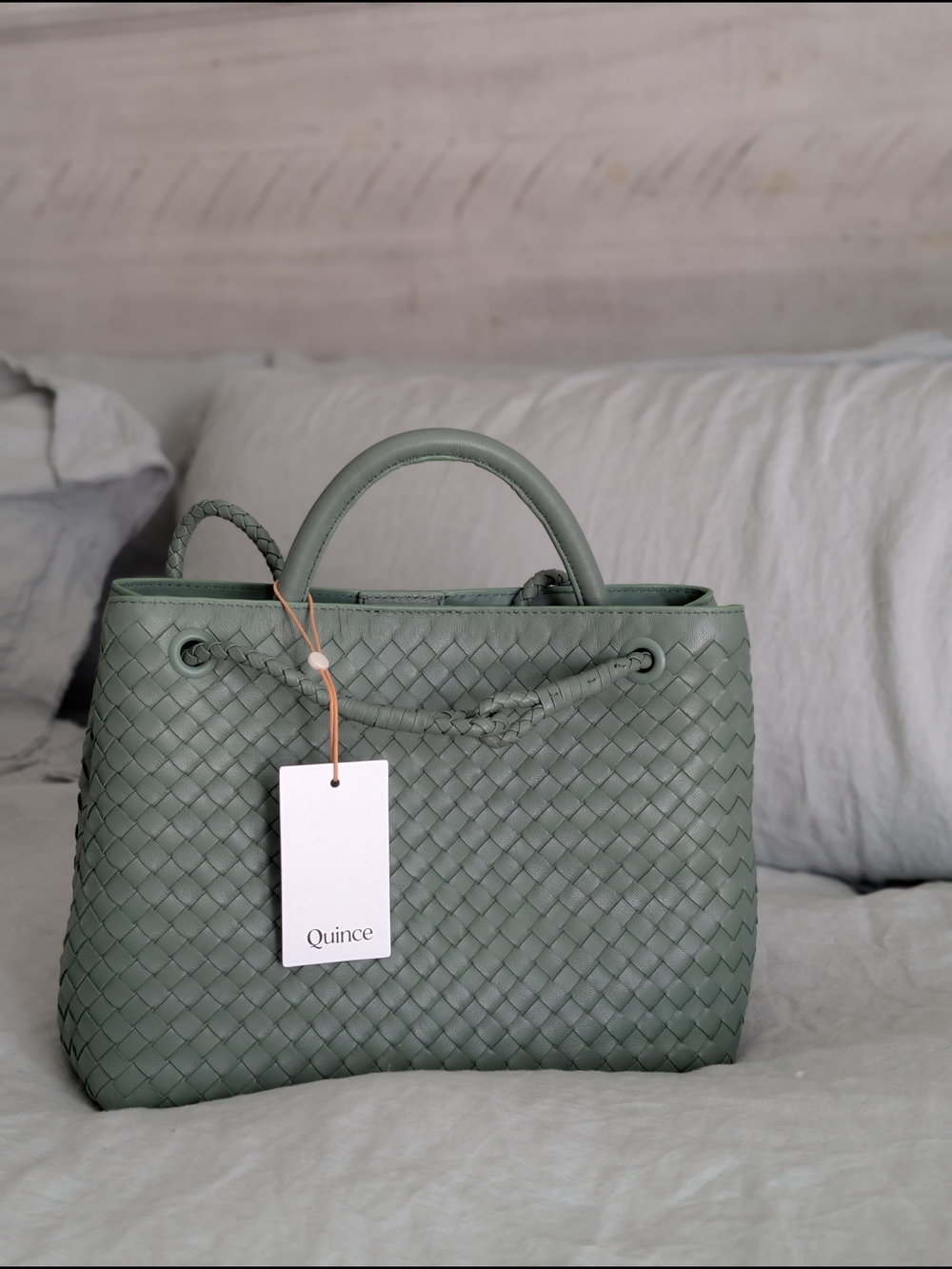 Quince Italian Leather Handwoven Satchel Bag Sage Green Convertible Shoulder